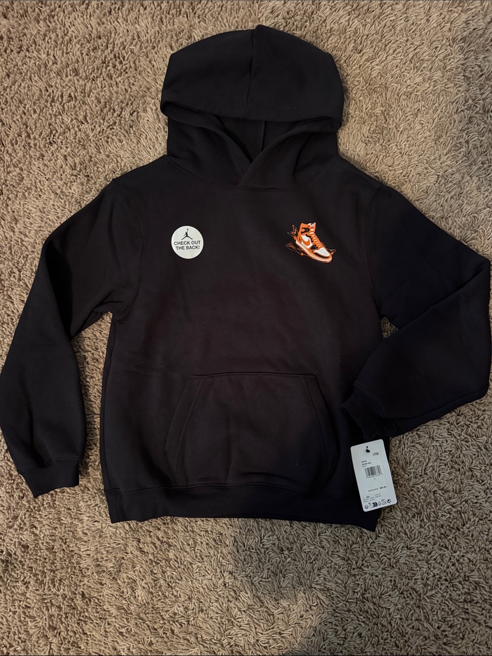 Nike Jordan Kids Black Hoodie with Orange Sneaker Graphic